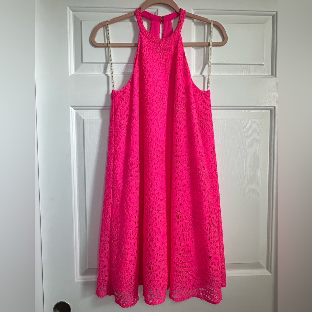 Lilly Pulitzer Quinn Halter Hot Pink Textured Knotty Lace Feminine Swing Dress S